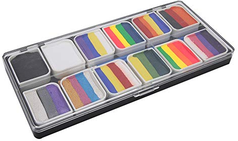 Pigmento profesional para pintura corporal facial, 12 colores, kit de pintura facial para arte corporal a base de agua, fiesta de Halloween, juego de paleta de maquillaje elegante para cosplay con 2 p