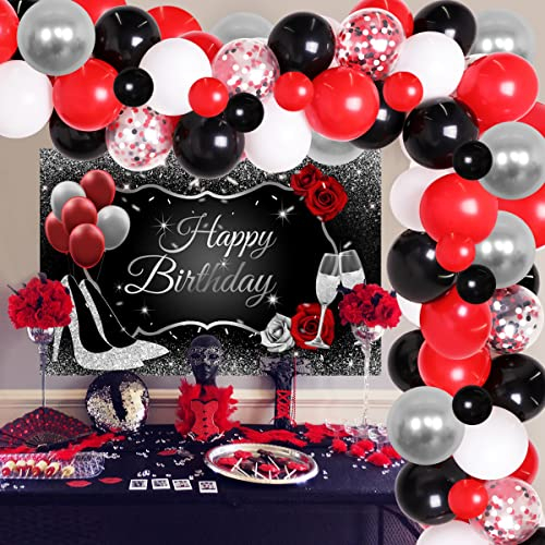 JOYMEMO Décorations fête Rouge Noir et Argent pour Femmes Fournitures fête d'Anniversaire Guirlande Ballon Rouge Noir et Argent Paillettes Joyeux Anniversaire Talons Hauts Fond Verre de Champagne