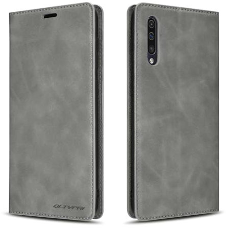 QLTYPRI Hülle für Samsung Galaxy A70, Premium Dünne Ledertasche Handyhülle mit Kartenfach Ständer Flip Schutzhülle Kompatibel mit Samsung Galaxy A70 - Grau