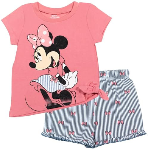 Disney Set aus T-Shirt und Shorts mit Krawatten-Grafik für kleine Mädchen, Minnie Maus, Rosa/Weiß/Blau 6