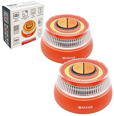 KRASER KR4V16NP2 Pack 2 Éclairage Secours Voiture Signalisation Lumineuse Route, Lumière Urgence Gyrophare LED Intensité, Homologué Balise de Secours Magnétique, Autonome Compacte + Lampe de Poche