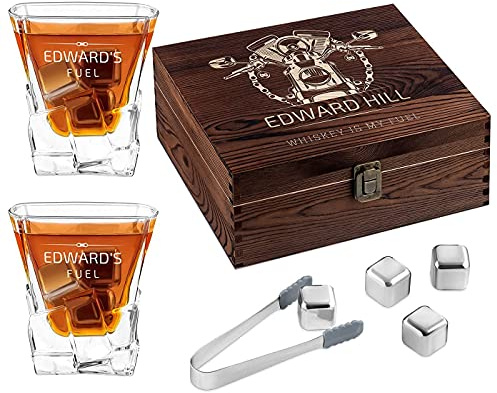 Maverton Whisky Stones & 2 Engraved Glasses Gift Set, Motorbike | 250ml Whisky Glasses in Personalised Wooden Box, Gift for Men, Gift idea for him
