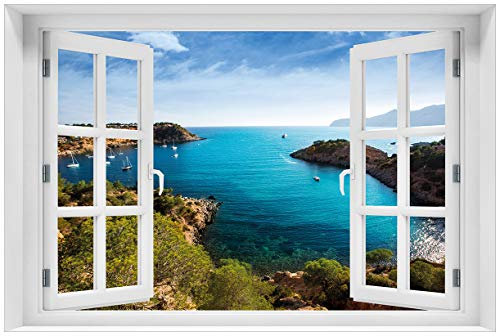 Wallario Poster - Ibiza - Blick von Einer Bucht aufs Meer in Premiumqualität, Größe: 61 x 91,5 cm mit Fenster-Illusion (Maxiposter)