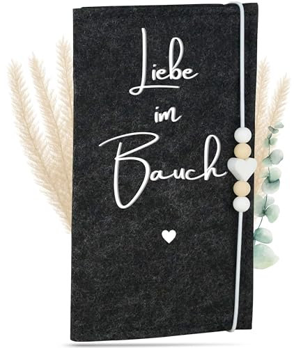 MAHEWA® Mutter-Kind-Pass-Hülle Österreich aus Filz-Stoff | Mutterpass-Organizer Mutterpass-Tasche Schutzhülle (Mutterkindpass Liebe im Bauch, Anthrazit)
