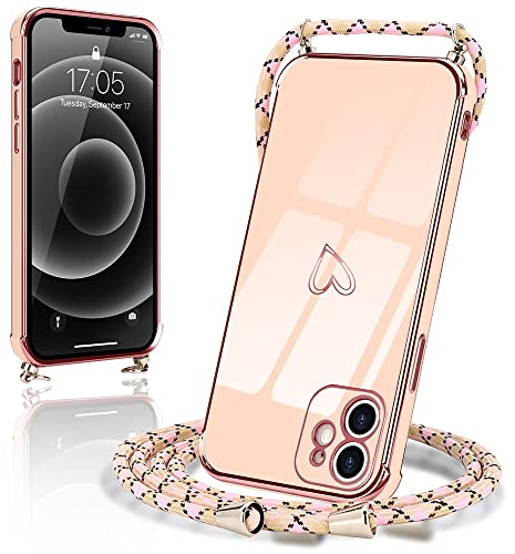Micoden Handykette kompatibel mit iPhone 12 hülle Ultra dünn Kameraschutz Herz Love Design Galvanik TPU Silikon Bumper Kordel zum Umhängen Handyhülle mit Band Schutzhülle für iPhone 12,Rosa
