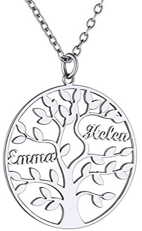 GoldChic Collier Arbre de Vie Personnalisé Prénom 2 Prenom Pendentif Femme Généalogique Nom des Enfants Famille Cadeau Maman BFF Bijoux Fêtes des Mères Chaine Forcat Acier 50 cm d'amitié Fille