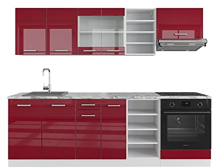 Vicco Küchenzeile R-Line, Küchenblock, Bordeaux Hochglanz/Weiß, 240 cm, AP Marmor