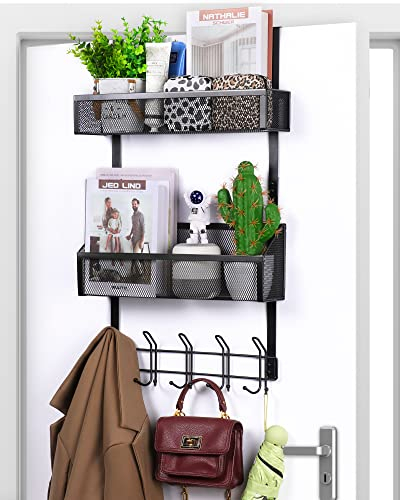ENONCI Over The Door Hooks Organizer Hanger, Over Door Storage Rack, Towel Rack Shelf Hanger, 15 Hooks with Wire Mesh Basket Storage Rack for Bathroom, Kitchen, Bedroom