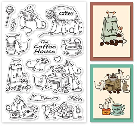 GLOBLELAND Maus Kaffee Transparente Silikonstempel Kaffee Klare Stamps Cartoons Tiere Silikonstempel Für Kartengestaltung DIY Prägung Journaling