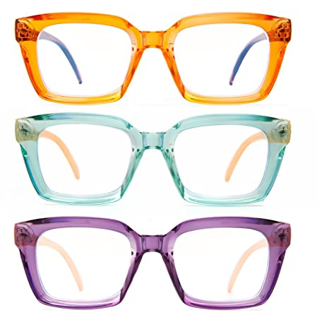 Amorays 3 Pacco Occhiali da Lettura Oversize Square Frame Vintage con Anti Luce Blu Lenti Cerniera a Molla Occhiali Presbiopia Lettori per Donna Uomo 6561NEW(3P,+2.0)