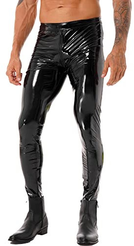 iEFiEL Herren Strumpfhosen Wetlook Glanz schwarz Leggings Lack-Optik Enge Hosen Unterwäsche Pants S-4XL Schwarz Stil C XXL