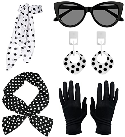 QEEQPF 5 Stück 1950er Jahre Damen Kostümzubehör Chiffon Schal Stirnband Brille Handschuhe Ohrringe für Frauen Vintage Party Outfits. (Schwarz & Weiß)