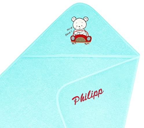 Lashuma Kinderhandtuch Bestickt mit Name 75x75cm, Baby Kapuzenahandtuch Blau, Jungen Badetuch Motiv: Auto