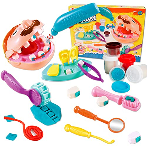 VBACALA Knete Zubehör Zahnarzt Spielzeug, Knetwerkzeug Knete Set Dentist Rollenspiel Knete ab 3 Jahre, Knete Knetmasse Kinderknete Knetspielzeug,Geschenke für Kinder Jungen Mädchen