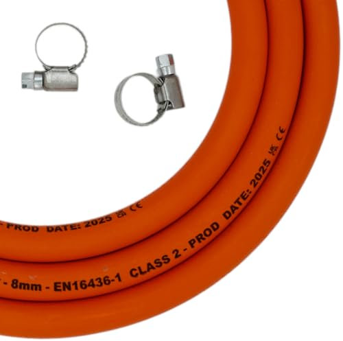 4m of LPG Gas Hose Pipe with 2 Hose Clamps - 8mm 5/16 High-Pressure Propane/Butane Pipe - 2025 Dated EN16436 Flame Retardant LPG Hosepipe for BBQ, Caravan, Heater, Camping, Stove, Gas Bottles, Cooker