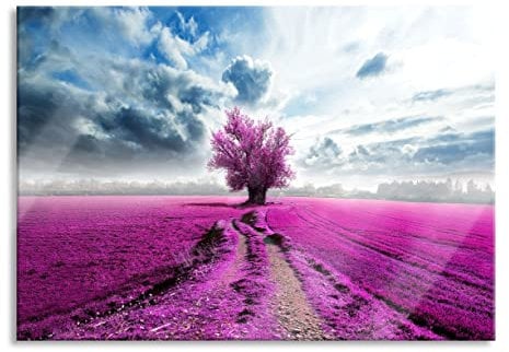 Pixxprint Glasbild, Wandbild aus Echtglas, Pinkes Feld mit pinkem Baum, 100x70 cm, inkl. Aufhängung und Abstandshalter