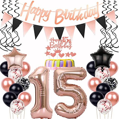 Ballons fille anniversaire décoration Noir ou Rose Topper Gâteau 15 anniversaire Décoration