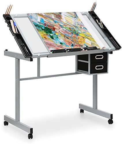 MoNiBloom Zeichentisch Glas Zeichentisch Basteltisch mit Ablage und Seitenablage, 0-65° Grad verstellbar, vielseitige Kunsthandwerk Station, austauschbare Füße, Art Desk Neigbarer Zugtisch auf Rädern