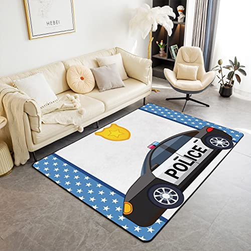 Polizei Auto Teppich 150x200, Cartoon Auto Fahrzeuge Druck Decor Nicht Verschütten Teppich für Spielzimmer Bett, Polizist Dekor Dekorative Innenbodenmatte