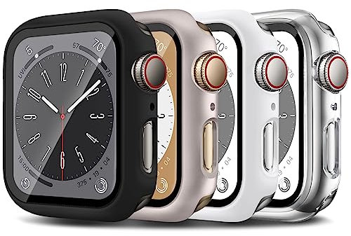 LEIXIUER 4 Piezas Funda para Apple Watch 38mm 40mm 41mm 42mm 44mm 45mm,Funda Estuche con Protector Pantalla de Vidrio Templado Incorporado,Ultradelgado Protección HD Carcasa para iWatch 9 8 7 6 5 4 3