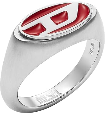 Diesel Herrenring, rotes Emaille und Edelstahl Signet Ring