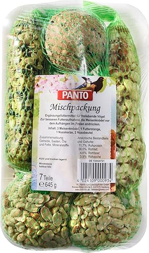 PANTO Wildvogelfutter Mischpackung 7-teilig, ganzjähriges Vogelfutter inkl. Meisenknödel, Futterstange, Nussbeutel, Nusskerze – für Körner- und Weichfresser