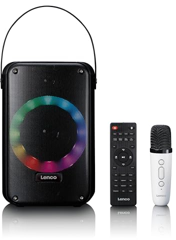 Lenco BTC-060BK - Karaoke-Set mit Bluetooth®, wiederaufladbarem Akku, drahtlosem Karaoke-Mikrofon und Disco-LED-Beleuchtung - Schwarz