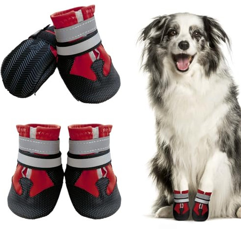 Muecleao Hundeschuhe Pfotenschutz, 4 Stück Wasserdicht Anti-Rutsch Hundestiefel mit Rutschfester Sohle und reflektierendem Klettverschluss, Schuhe für kleine, Mittlere und Große Hunde (Rot, XL)