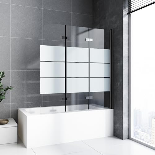 Duschwand für Badewanne faltbar 3 teilig 140 x 140 cm Gestreift Badewannenfaltwand Duschtrennwand 6mm Nano Glas Duschabtrennung Badewanne,Schwarz