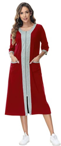 rismart Donna Manica 3/4 Zip Cappotto da Casa Casual Collo a V Camicia da Notte Vestaglia Abito Pigiama Borgogna,XXL