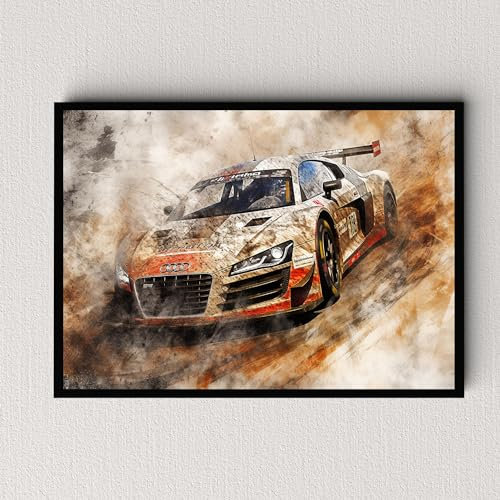 Dekomundo Audi R8 Sportwagen Auto Poster, Leinwandbild oder Bild mit Rahmen, 50x70 cm, Schwarzer Rahmen