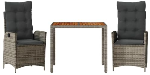 vidaXL Garten Essgruppe 3-TLG., Gartenmöbel Set Tisch mit 2 Stühle, Gartengarnitur mit Kissen, Sitzgruppe Essgarnitur Terrasse, Grau Poly Rattan
