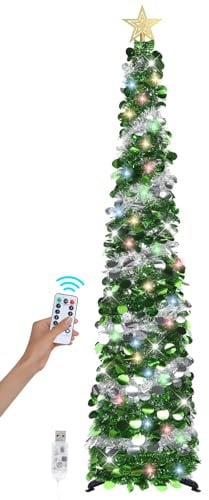 SINTENILL 6 FT Pop Up Christmas Tree with Timer, Colored Lights, Dual Colored Green Silver Tinsel, Pencil Tree Collapsible Xmas Decor for Home, Apartment, Party, Office