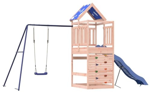 vidaXL Spielturm, Klettergerüst mit Dach Schaukel Rutsche, Kinder Kletterturm Spiel-Zubehör für Garten, Holz Spielplatz Spielhaus, Massivholz Douglasie