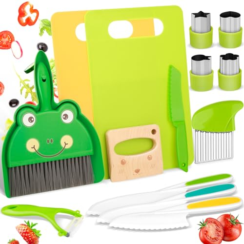 Kindermesser 15-teiliges Kinder Messer ab 2 Jahre, Kinder Sicherheit Küchenmesser Set mit Gemüse Ausstechformen, Holzmesser, Schneidebrett, Kehrschaufel, Montessori Messer, Perfektes Weihnachts- oder