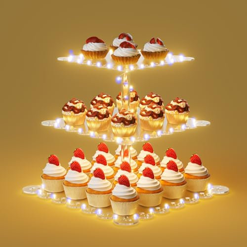 PinCute Cupcake-Ständer aus Acryl, 3 Etagen, Cupcake-Turm-Halter mit LED-Lichterkette, Dessert-Tisch-Display, Kuchenständer für Geburtstag, Cady, Bar, Hochzeiten, Party-Dekor, blaues Licht