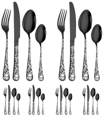Küchenbesteck-Sets mit Totenkopf Design, tragbare Küchengabeln und Löffel, spülmaschinenfest für Reisen, Restaurant, Zuhause, Abendessen