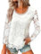 Tunique Femme Chic & Élégante, Blouse Dentelle enzymes Longue Manches, Tee Shirt Femme Grande Taille (Blanc, XL)