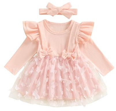 Geagodelia Bambine 2 Pezzi Abiti Outfit Farfalla Manica Lunga Principessa Vestito e Fascia Pagliaccetti Neonato per Party Battesimo Cerimonia (Rosa, 0-3 Months)