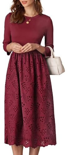 Damen Kleid mit Lochstickerei Elegantes Abendkleid für die Arbeit Büro 3/4 Ärmel Ausgestelltes A-Linien Kleid Weinrot XXL