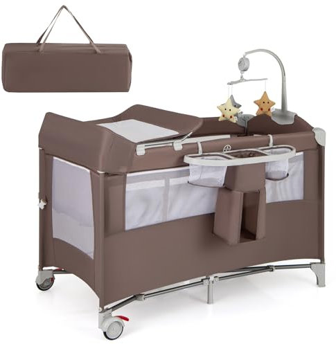 GOPLUS Cuna de Viaje para Bebé 5 en 1, Cuna Colecho Plegable con Cambiador de Pañales, Juguetes, Caja de Música, Colchón y Estante, Cuna Bebe Portátil con Bolsa de Transporte (Marrón)