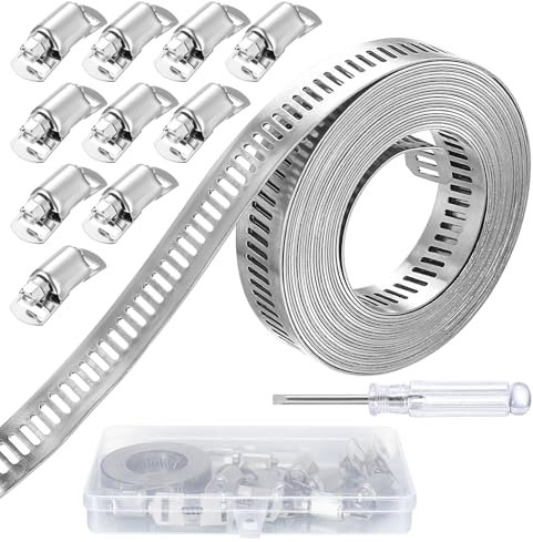 3,5m Kit Fascette Metalliche Stringitubo Inox, Cinghia Metallica Forata, Fascette Stringitubo Acciaio Inox Regolabile, Fascetta Metallica a Vite Regolabilli per Tubi di Gas Acqua, con 10 Fissaggio