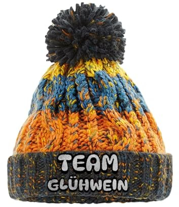 tshirtladen Strickmütze Team Glühwein Bommelmütze mit Stick lustige Wintermütze aus Strick für Damen und Herren Spruchmütze Unisex Beanie weich wärmend