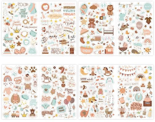 4 Blatt 204 Stücke Baby Sticker, Babyalbum Sticker Aufkleber für Kinder und Baby Fotoalben, Baby-Scrapbook-Aufkleber,DIY Baby Scrapbook Stickers für Fotoalbum Kalender Scrapbook Party Deko