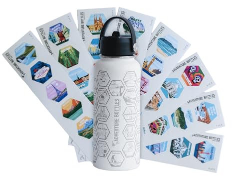 Awesome Maps Adventure Bottle – Autocollants de voyage personnalisables, 1 l, en acier inoxydable, sans BPA, anti-fuite
