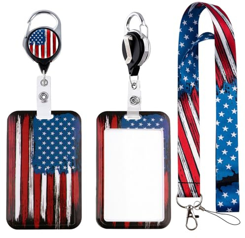 BKBKAAK American Flag Badge Holder with Lanyards, Plastic Vertical Name Tag Holder with Neck Lanyard and Heavy Duty Retractable Reel Clip, Star Lanyard with Keychain for Student, Teacher, Men
