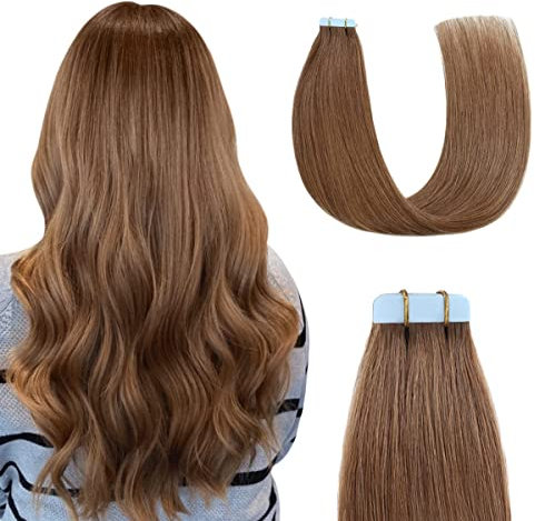 Sunya Tape In Extensions Echthaar Kastanien braun Tape Tape Extensions Echthaar Haarverlängerungen Invisible Natürlich Glattes Tape in Hair Extensions für Frauen 35cm 40g 20Stück/pack
