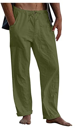 Herren Leinenhose Sommer Leichte Atmungsaktiv Hosen mit Kordelzug Loose Sommerhose Freizeithose Leinen & Baumwolle Hose Einfarbiges Stoffhose Casual Urlaub Strandhosen mit Taschen(#A Army Green,L)