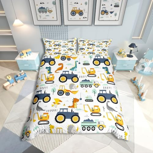 Homewish Cartoon Car Boys Bedding Single Microfiber Reversible Kids Dinosaur Single Duvet Cover Set for Boys Teens, Cute Tractor Excavator Pattern Bedding Sets, Dinos Bed Sets with 1 Pillowcase