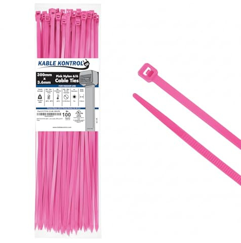 Kable Kontrol Kabelbinder, Rosa, 300 mm x 3,6 mm, 100 Stück, 12 Zoll Premium Nylon Kabelbinder, Mehrzweck-Kunststoffbinderwickel, sicherer Selbstverriegelungsmechanismus, für Haus, Garten, Büro und